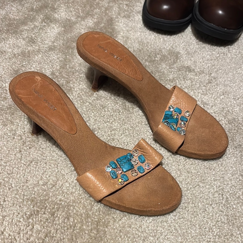Nine West Tan and Blue Embellished Heels
